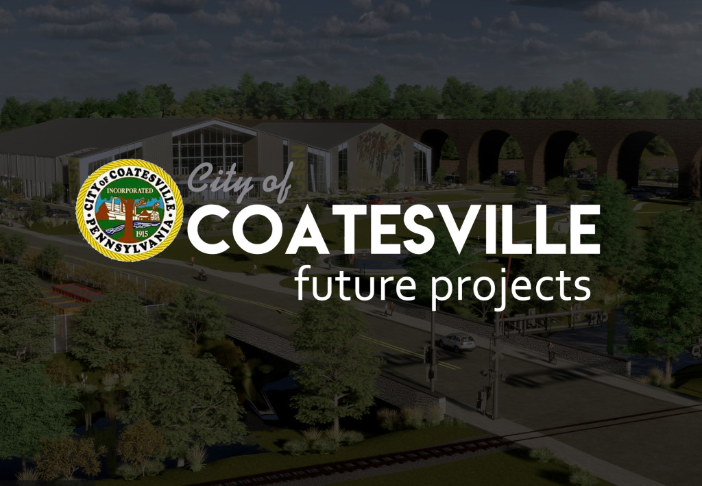 A modern cityscape with a large, sleek building and an arched bridge surrounded by greenery. Overlay text reads "City of Coatesville Future Projects."