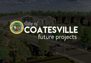A modern cityscape with a large, sleek building and an arched bridge surrounded by greenery. Overlay text reads "City of Coatesville Future Projects."
