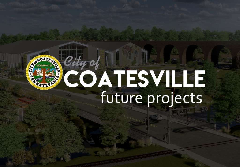 A modern cityscape with a large, sleek building and an arched bridge surrounded by greenery. Overlay text reads "City of Coatesville Future Projects."