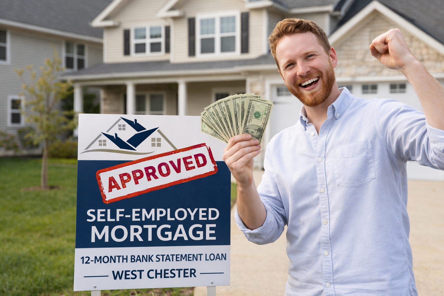 Self employed borrower approved using 12 month bank statement loan in West Chester PA standing in front of new home with approved mortgage sign