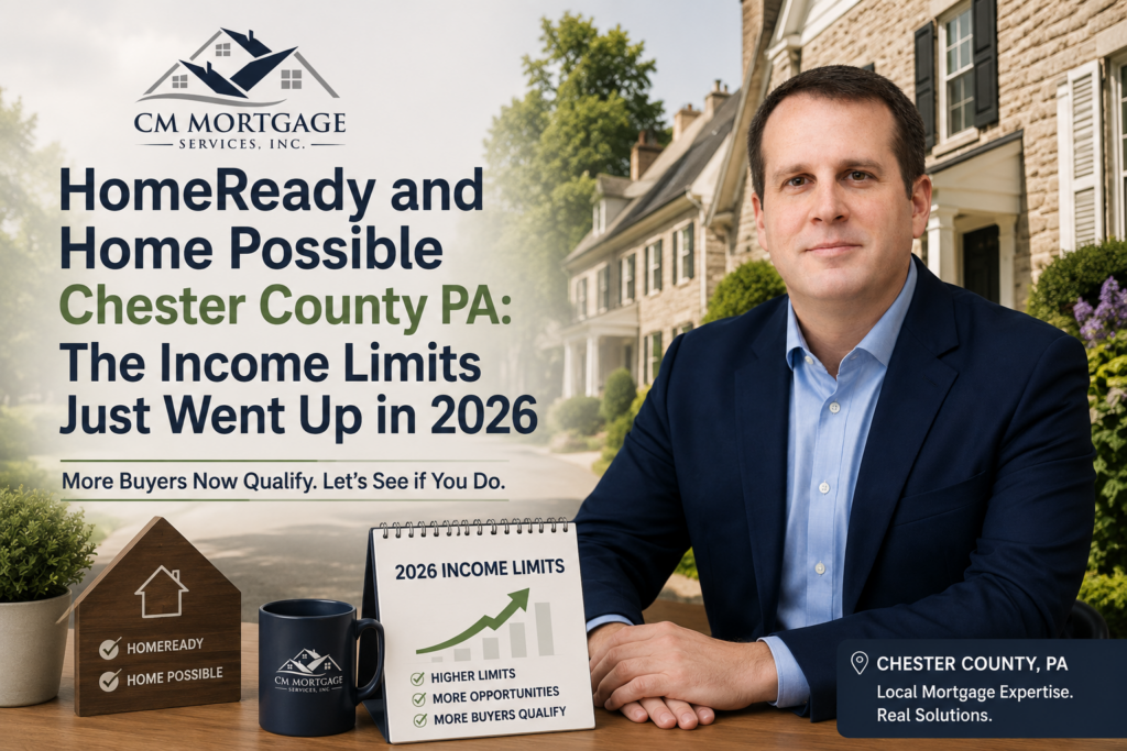 HomeReady Home Possible Chester County PA 2026 income limits CM Mortgage Services Caption CM Mortgage Services Inc. helps Chester County buyers access HomeReady and Home Possible financing. Located at 1240 West Chester Pike, West Chester PA. NMLS #147631. Hero Image Prompt A warm, aspirational image representing an accessible path to homeownership in Chester County PA. Ideal shot: a young couple or first time buyer standing in front of a modest, well maintained single family home or townhome with a welcoming front entrance, warm natural light, green lawn, approachable suburban character. No text overlays. Horizontal orientation, 1200x628px minimum. External Authority Link Fannie Mae HomeReady program page Internal Link Count: 7 HomeReady product page Home Possible product page Conventional Loans page First Time Home Buyer Chester County PA Loan Programs How Credit Score and Income Affect Your Mortgage Rate Chester County PA How to Improve Your Credit Score Chester County PA Conventional Loan Requirements Chester County PA Mortgage Pre-Approval Chester County PA cmmortgage.com homepage CTA That is 9 internal links total, with the two dedicated product pages now routing this timely, high-traffic post straight into the pages that convert. When it goes live, send me the URL and I will build the four-platform social set.
