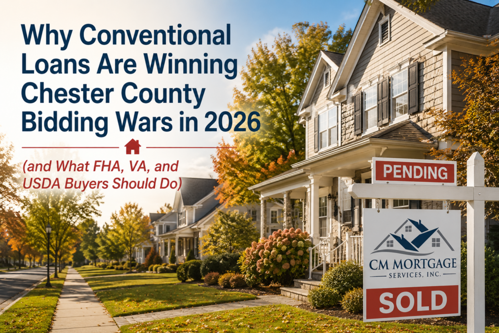 Conventional loans Chester County bidding wars 2026 guide CM Mortgage Services